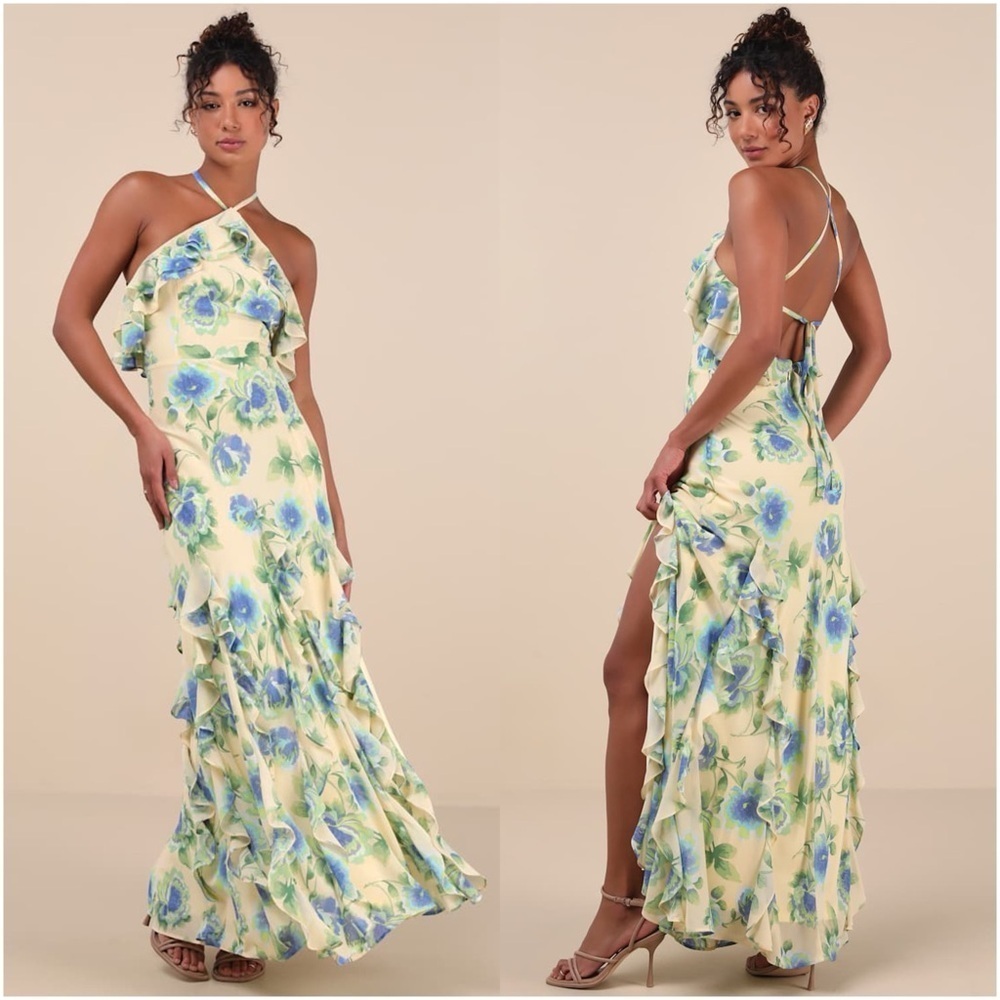 LULU’S Casey Yellow Floral Halter Ruffled Maxi Dress